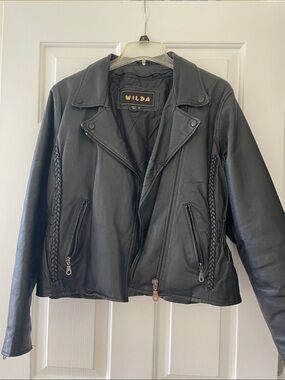 Wilda Black Leather Braided-Trim Moto Jacket